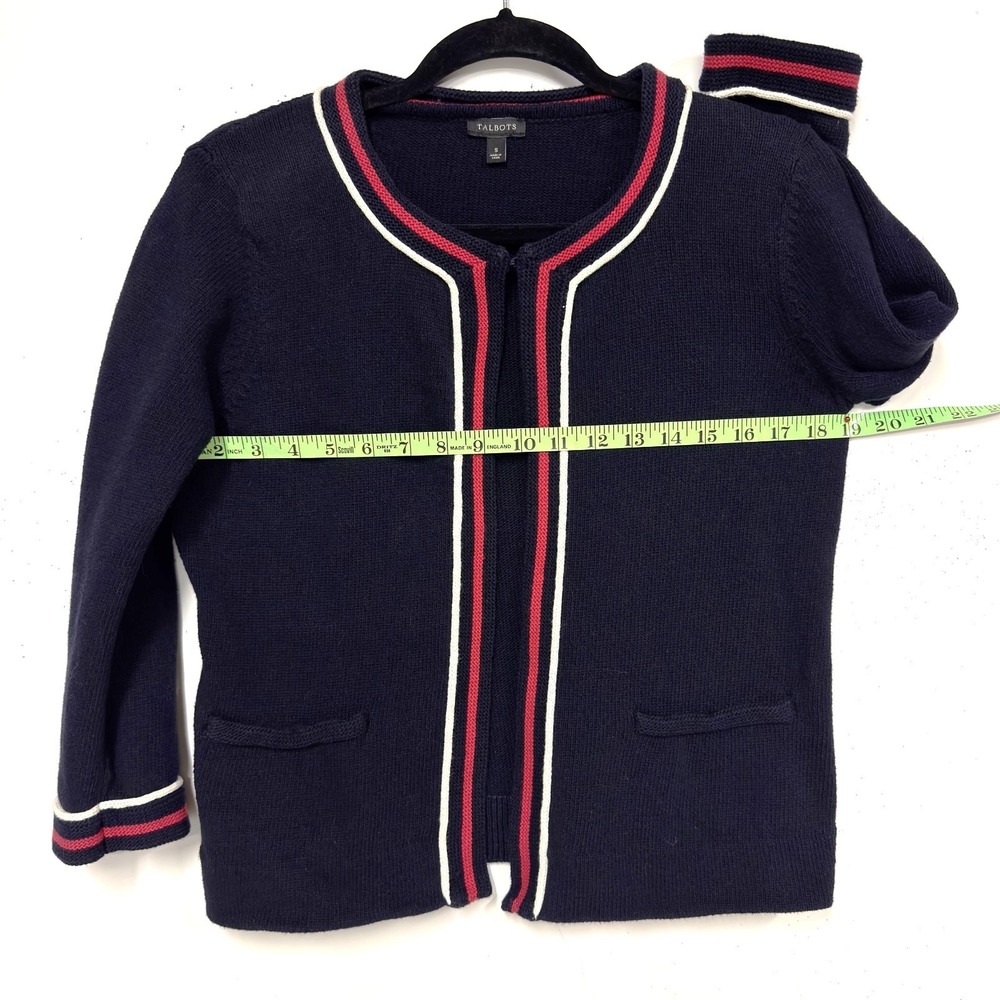 Talbots Cotton Open Cardigan, Sz Small, Navy Red White 3/4 Sleeve Pockets Boxy - Picture 5 of 8